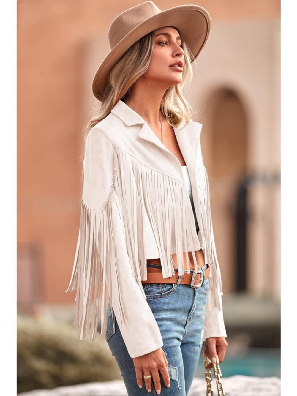 Women's Beige White Polyester Blend Faux Suede Leather Motorcycle Cropped Jacket - Picture 3 of 6